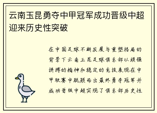 云南玉昆勇夺中甲冠军成功晋级中超迎来历史性突破