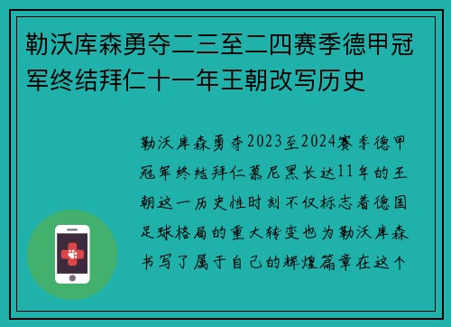 勒沃库森勇夺二三至二四赛季德甲冠军终结拜仁十一年王朝改写历史