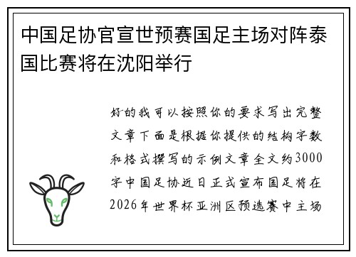 中国足协官宣世预赛国足主场对阵泰国比赛将在沈阳举行