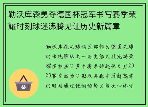 勒沃库森勇夺德国杯冠军书写赛季荣耀时刻球迷沸腾见证历史新篇章
