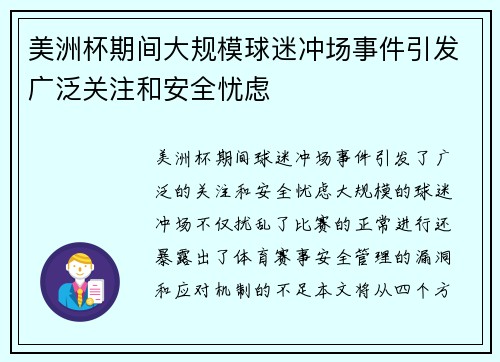 美洲杯期间大规模球迷冲场事件引发广泛关注和安全忧虑