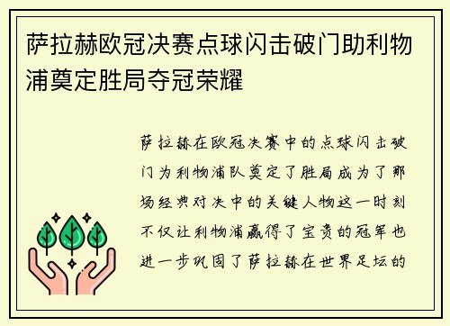 萨拉赫欧冠决赛点球闪击破门助利物浦奠定胜局夺冠荣耀